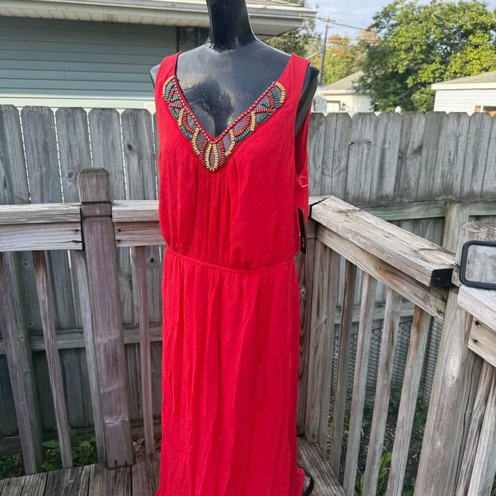 AGB Crimson Beaded V-Neck Maxi Dress Size XL NWT